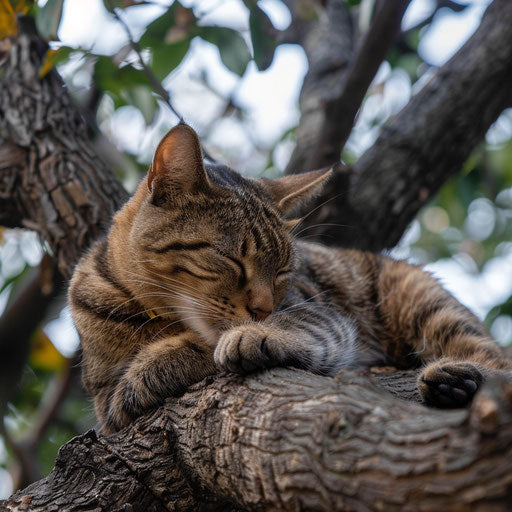 Brown cat lying on a tree branch