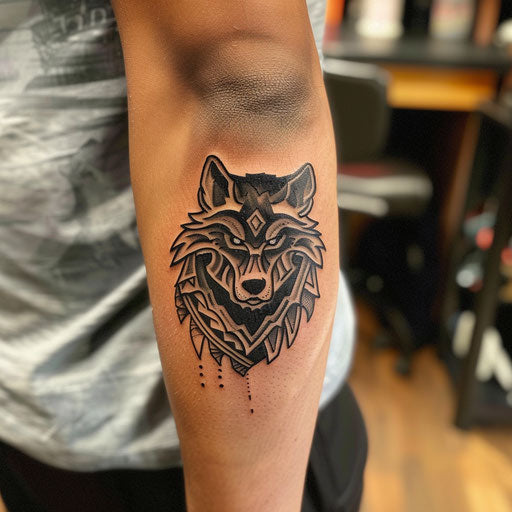 Elbow tattoo of a tribal wolf, Glenn Fabry style