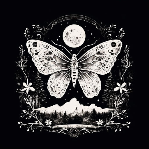 Moon butterfly glyph art, hand-drawn style, cosmic symbolism, organic designs