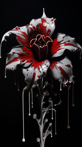 Black flower with dripping center, dark white and dark crimson, junglepunk, Dutch realism
