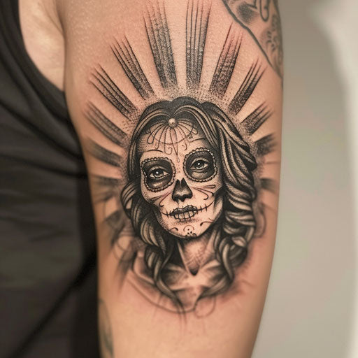 Sugar skull tattoo surrounded by glowing light