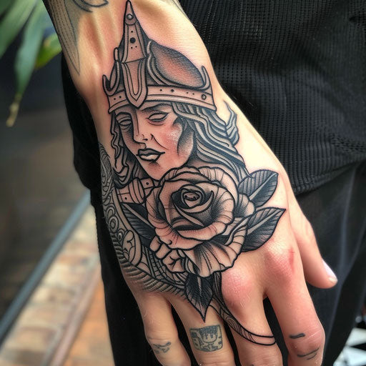 Rose hand tattoo in the style of David Palumbo with warrior holding a rose