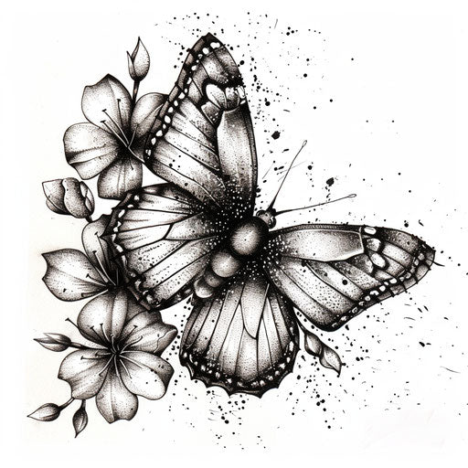 Dotwork butterfly with dotwork flowers, detailed shading on pure white background