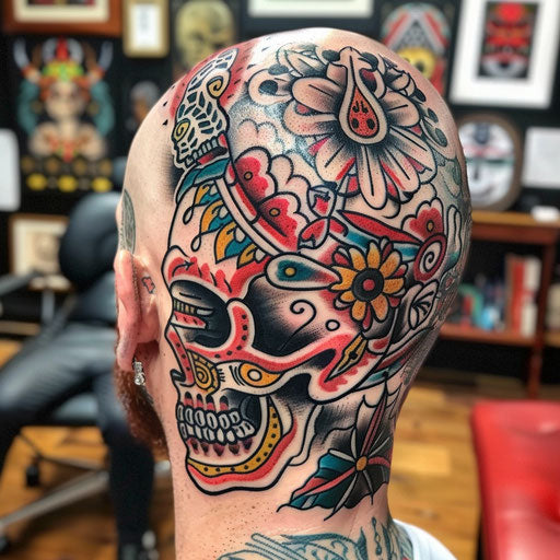 Bold Outlined Head Tattoos in Ed Hardy Style