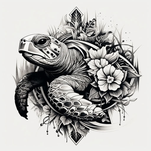 Tribal turtle tattoo, tropical flower fractal monochrome
