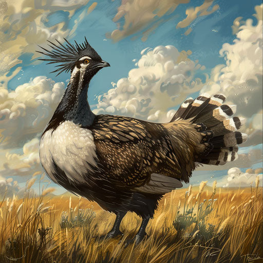 Sage grouse displaying plumage in a meadow