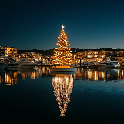 Floating Christmas tree in a marina, lit by underwater lights