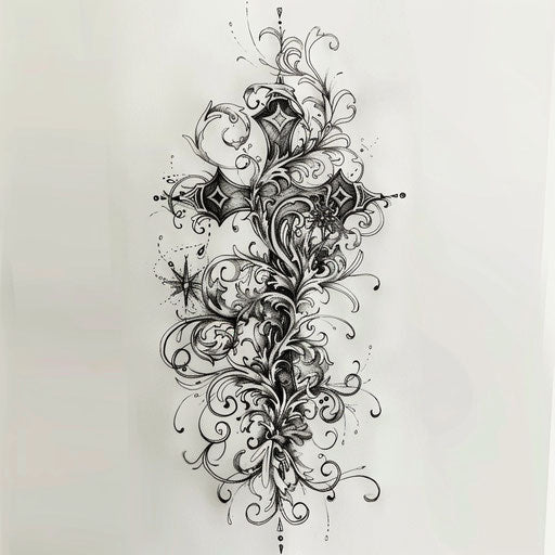 Whimsical flat tattoo sketch of the Cruz with magical creatures and whimsical swirls