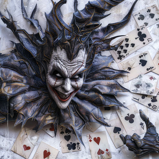 The sinister gothic jester surrounded by playing cards