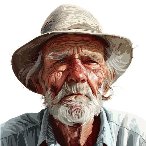 Realistic old man clipart on flat white background, bright colors and smooth finishes