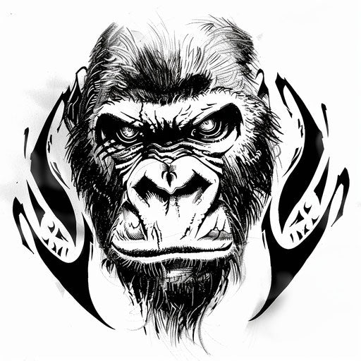 Intense face of a fierce gorilla, tribal tattoo style