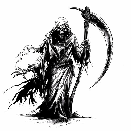 Grim reaper with scythe, dark tattoo design on bright white background