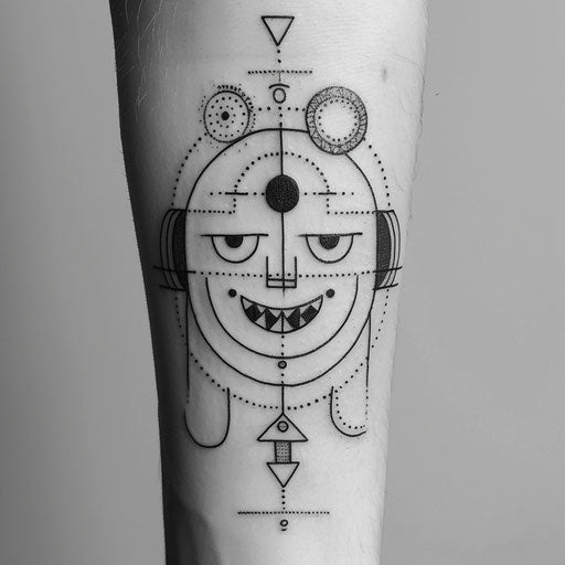 Art Deco inspired smiley face tattoo, geometric shapes, on white