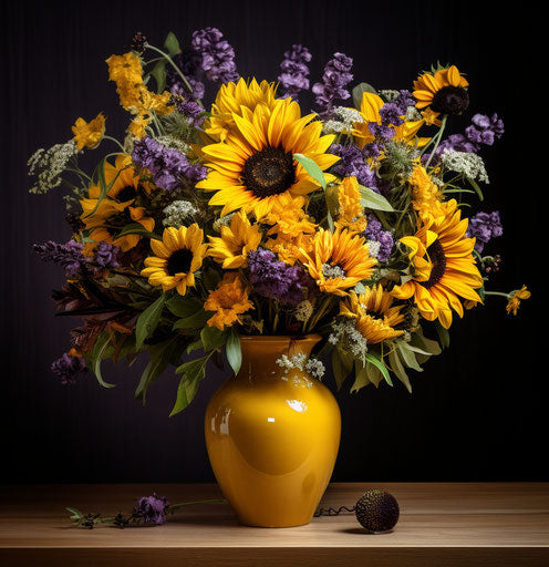 Vase of sunflowers and geraniums in dark yellow and light purple