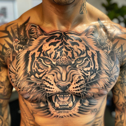 Chest tattoo for men with a fierce tiger head
