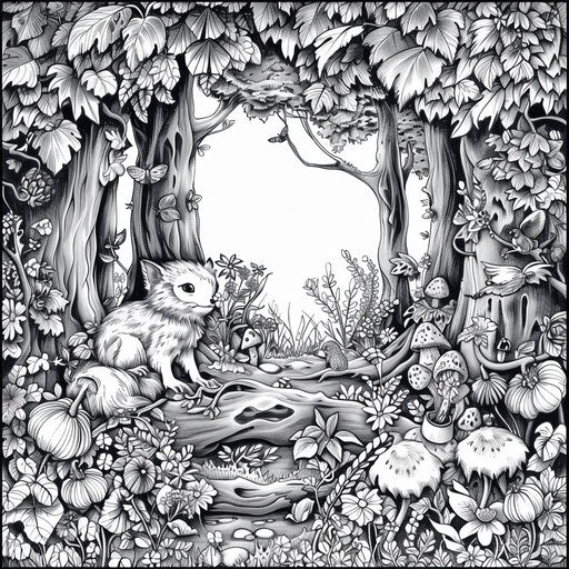 Lush forest with detailed cartoon wildlife