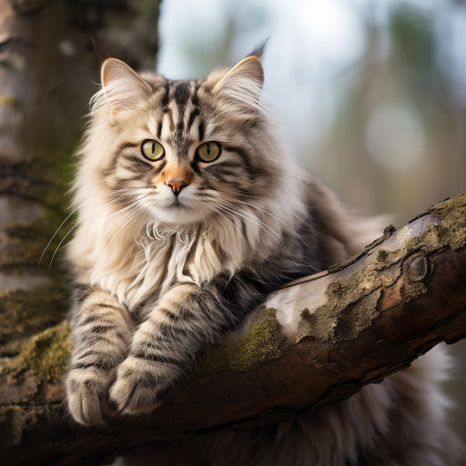 Siberian cat laying on a tree branch