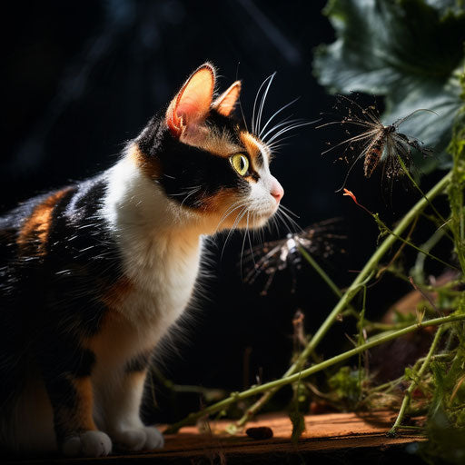 Calico cat staring at an insect