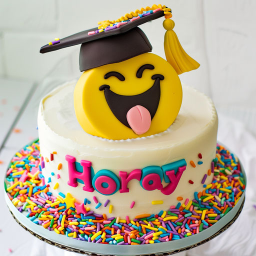 Emoji cake with smiling face in yellow and text 'Hooray'