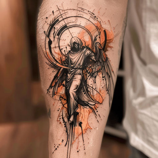 Contemporary sketch of the angel of death with abstract brush strokes, in black and rust orange