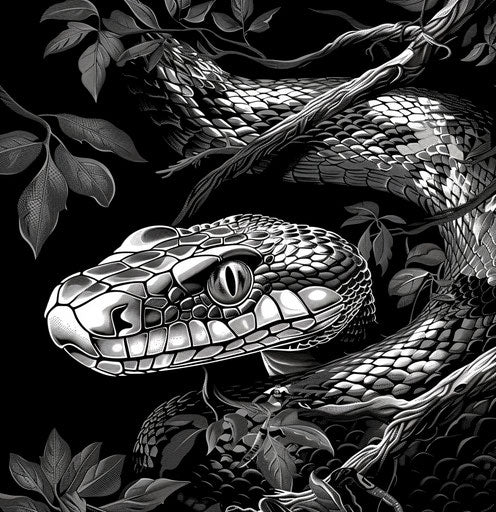 Enchanted serpent in black and white, exotic realism style