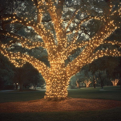 Majestic oak tree illuminated in the center of a park