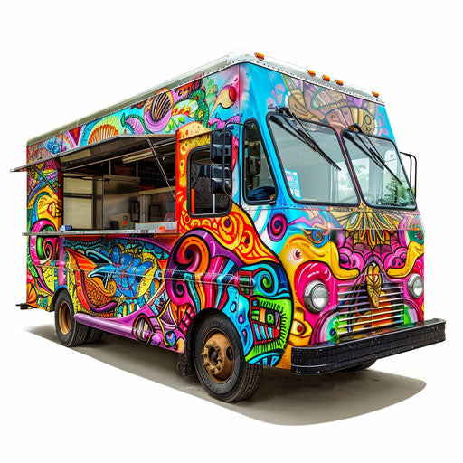 Realistic food truck clip art on flat white background