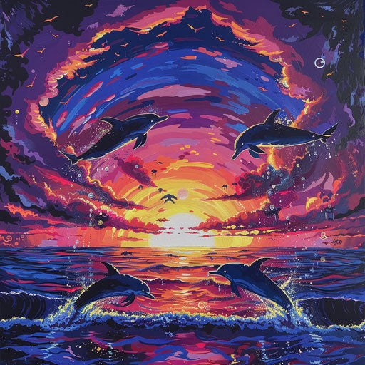 Vibrant sunset over the ocean with silhouettes of dolphins jumping