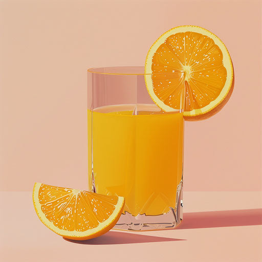Realistic orange juice on dusky rose background