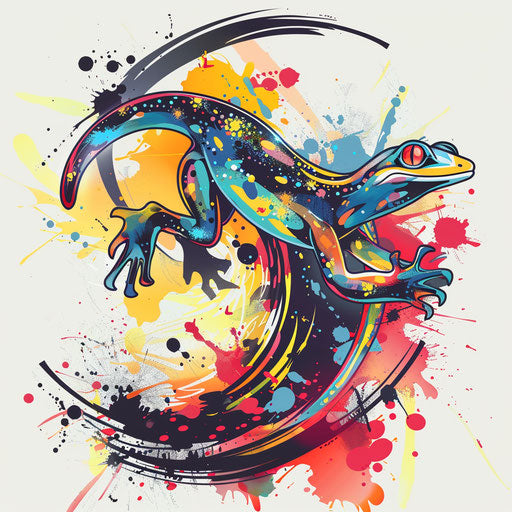 Dynamic flat tattoo sketch of a gecko leaping with energetic splashes of color