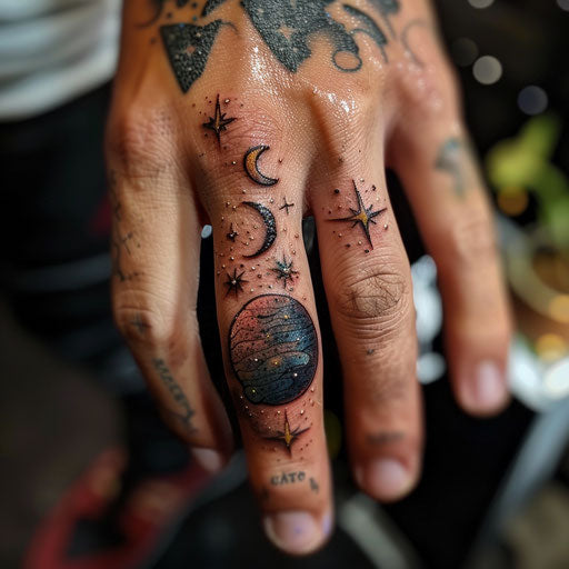 Finger tattoo with cosmic and celestial themes