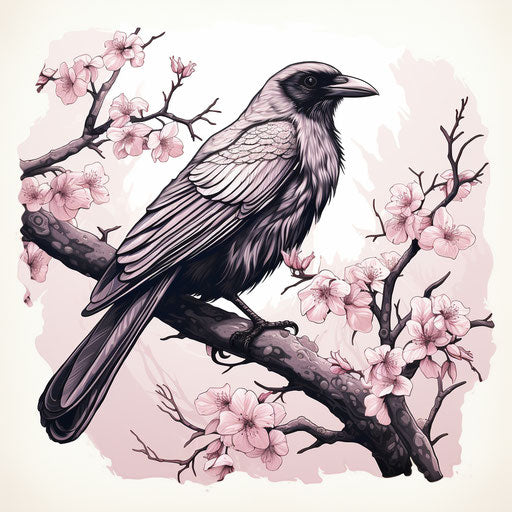 Black and white raven tattoo in traditional Japanese art style