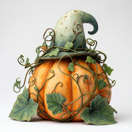 Green vines entwined around a pumpkin beneath a hat
