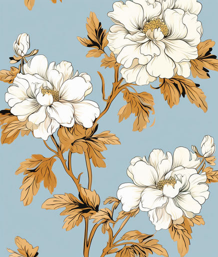 Three blue shantung flowers with leaves, neo-traditional Japanese style