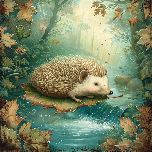 Hedgehog floating on a leaf in a brook