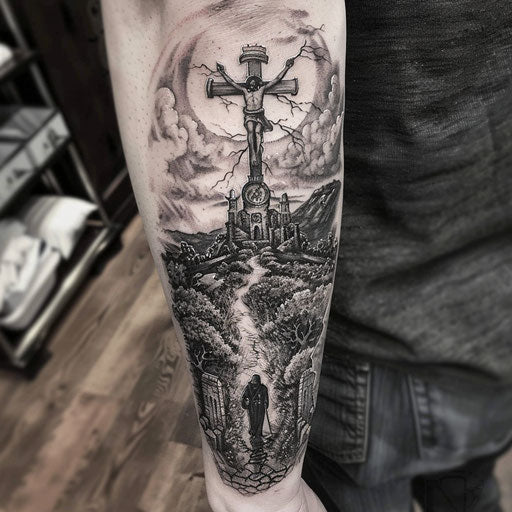 Epic religious pilgrimage cross tattoo for men