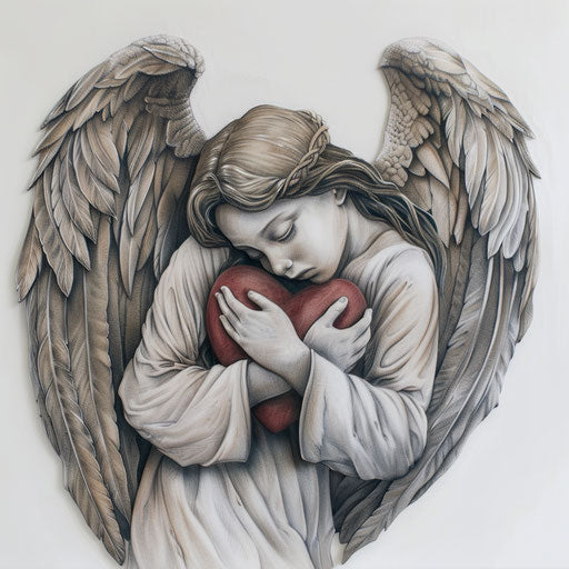 Ethereal guardian holding a heart with feathered wings, tattoo concept on white canvas