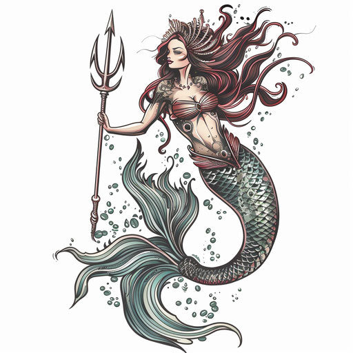 Classic tattoo design of a mermaid with a trident, traditional shading