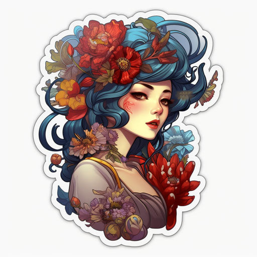Woman, headdress and flowers sticker