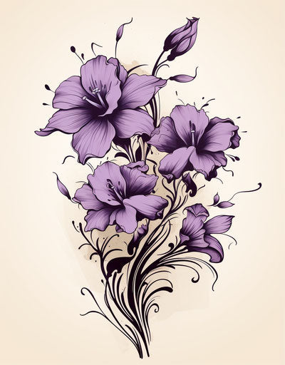 Four purple flowers tattooed on a beige background