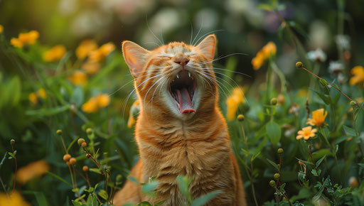 Yellow cat yawning in grass photo collection