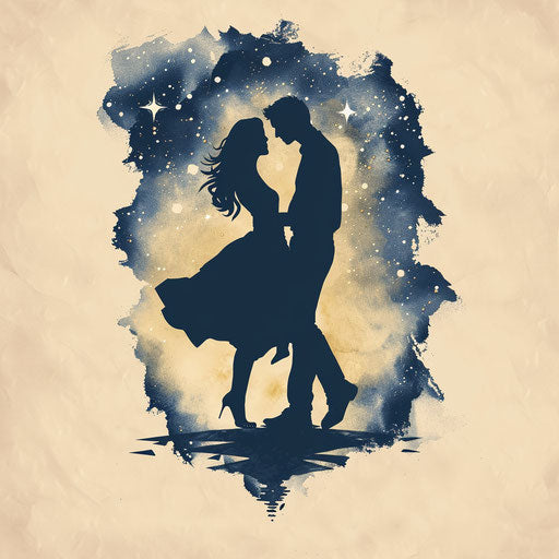 Dynamic flat tattoo sketch of a couple's silhouette dancing under the stars