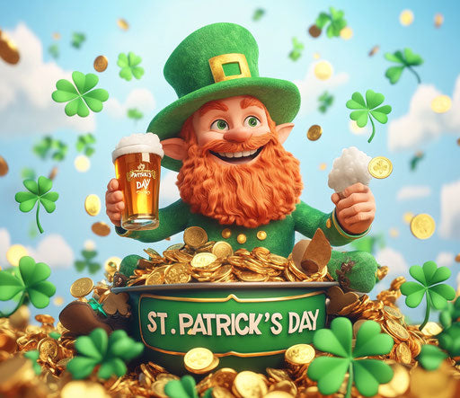St. Patrick's Day, an Irish leprechaun with a green hat and a big beard holding a beer in his hand, sitting on a pot of gold surrounded by golden coins, with lots of clovers everywhere