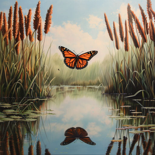 Monarch butterfly landing gracefully on edge of calm pond surrounded by cattails
