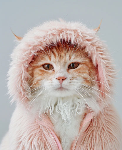 Orange cat with pink fur hood