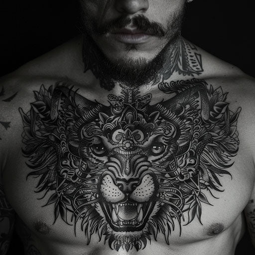 Men's chest tattoo with fierce animal designs, in the style of Ami James