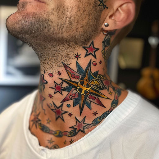 Neck tattoo with traditional nautical stars