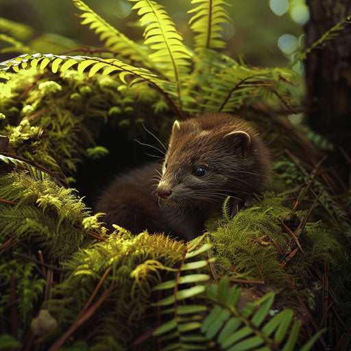 Wild mink in bed of green moss, camouflaged by forest floor