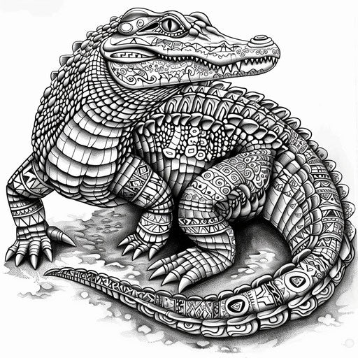 Ornate crocodile with tribal patterns and intricate scales