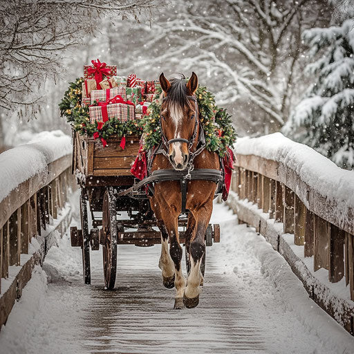 Energetic horse pulling wagon on snowy bridge
